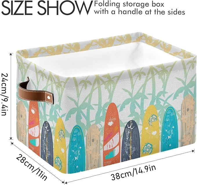 susiyo Large Foldable Storage Bin Palm Trees Surf Boards Fabric Storage Baskets Collapsible Decorative Baskets Organizing Basket Bin with PU Handles for Shelves Home Closet Bedroom Living Room-2Pack