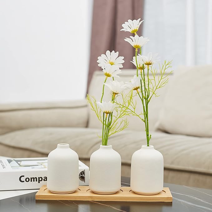 Small White Ceramic Vases Set 6 for Decor, Boho Bud Vases for Dry Flower, 4.1''H x 3''W White Ceramic Vases for Centerpieces, House Plants, Wedding, Home, Modern, Minimalist