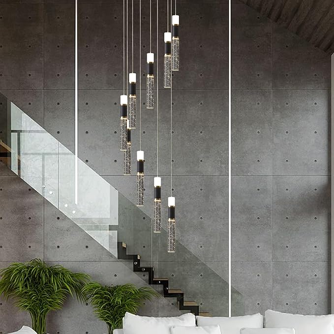 Modern Chandelier,Dimmable Black Gold Led Chandelier for High Ceilings Long Chandelier for Staircase with Remote Controller