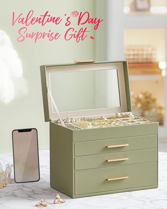 SONGMICS GISELLA Collection - Jewelry Box Organizer, 4-Layer Jewelry Storage with 3 Drawers, Shiny Metal Hardware, Glass Lid, Modern, 6 x 9.9 x 8.5 Inches, Laurel Green and Gold Color UJBC161C02