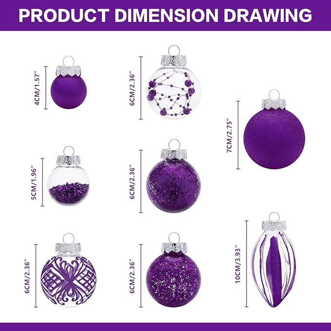 Christmas Ornaments Set, 32Pcs Clear Plastic Shatterproof Christmas Ball Hanging Ornaments for Xmas Tree Decorations, for Indoor Home Thanksgiving Party Holiday Decor - Purple.