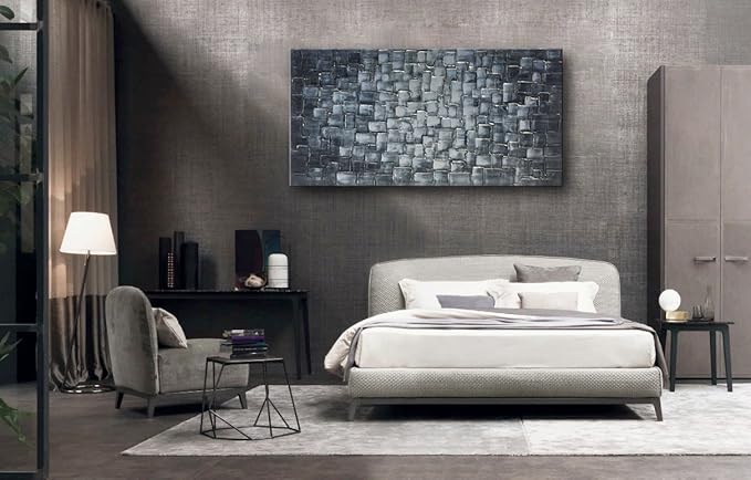 MyArton Textured Abstract Squares Canvas Wall Art Hand Painted Modern Silver Oil Painting for Decoration Ready to Hang 48x24inch