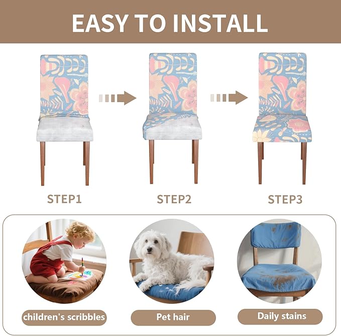 Stretch Dining Chair Covers Set of 6,Floral Print Chair Covers,Soft Removable Washable,Pet Friendly Furniture Protector,Universal Chair Slipcovers for Home, Kitchen,Ceremony Dining Room Seat