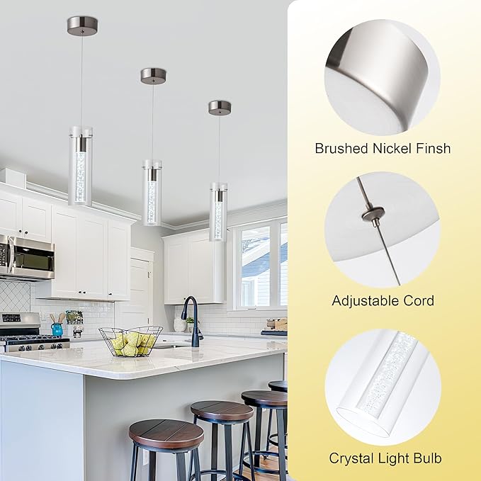 Pendant Ceiling Light Fixture, LED Kitchen Lighting Crystal Pendant Lights Kitchen Island, Kitchen Hanging Light Fixture Modern Island Light with Bubble Glass Three Pack