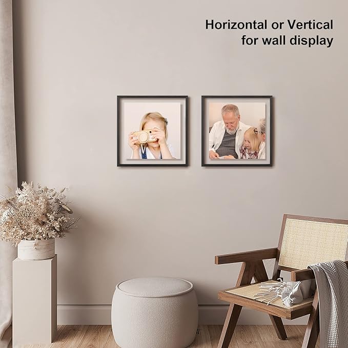 Egofine 12x12 Floating Frames Set of 2, Double Plexiglass Picture Frame, Made of Solid Wood Display Any Size Photo up to 12x12, Wall Mount or Tabletop Standing, Faded Black