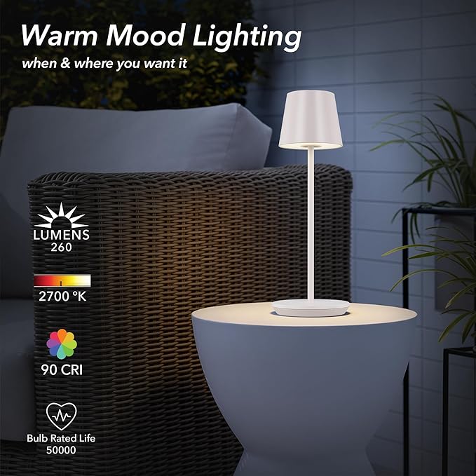 Generation Lighting Mena Accent Rechargeable Table Lamp – 14.5” Pale Pink Steel Lamp with 3-Way Base Switch, 2.4W Up/Down LED at 2700K, 260 Lumens, USB-C, Wet Rated (8000701-137)