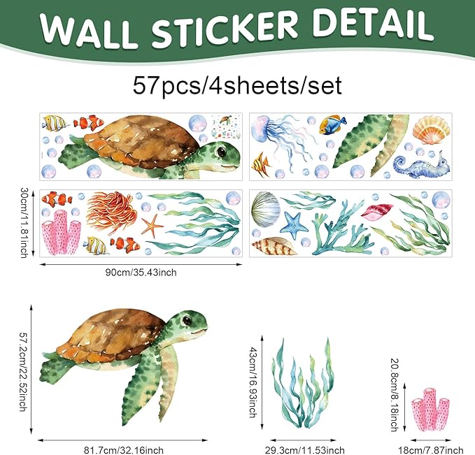 Large Summer Ocean Window Clings Decals, Watercolor Sea Turtle Jellyfish Bubbles Wall Stickers, Peel and Stick Ocean Anmial Wall Decor for Bedroom Bathroom Window School Nursery Decoration