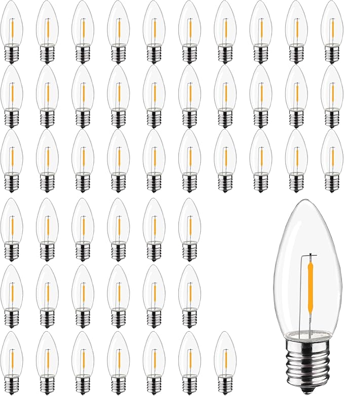 C9 Christmas Replacement LED Light Bulbs,E17 Base Commercial Grade Holiday Bulbs, 4W 5W 6W 7W Incandescent Equivalent, Warm White 2200K, Clear Plastic Bulbs for Christmas String Light - 50 Pack