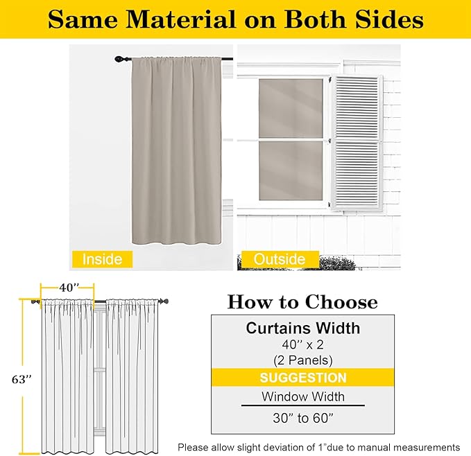 Stone Blackout Curtains for Bedroom Living Room 63 Inch Length 2 Panels Set, Soft Solid Room Darkening Thermal Insulated Window Treatments, Rod Pocket Dining Room Curtains, 40" Wx63 L
