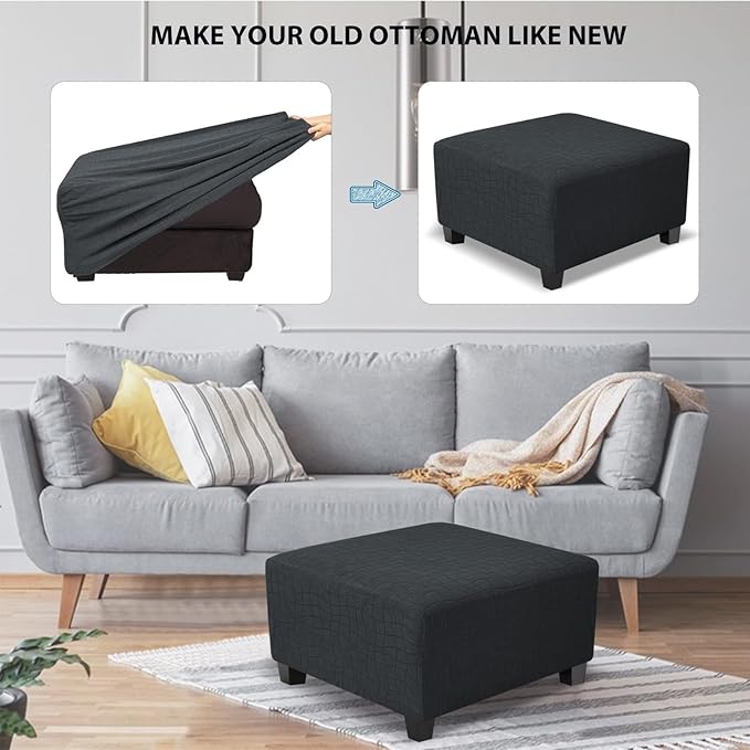 Square Ottoman Cover,Soft Stretch Jacquard Slipcover with Dual Waterproof Layers,Washable Furniture Protector for Pets,X-Large,Dark Gray