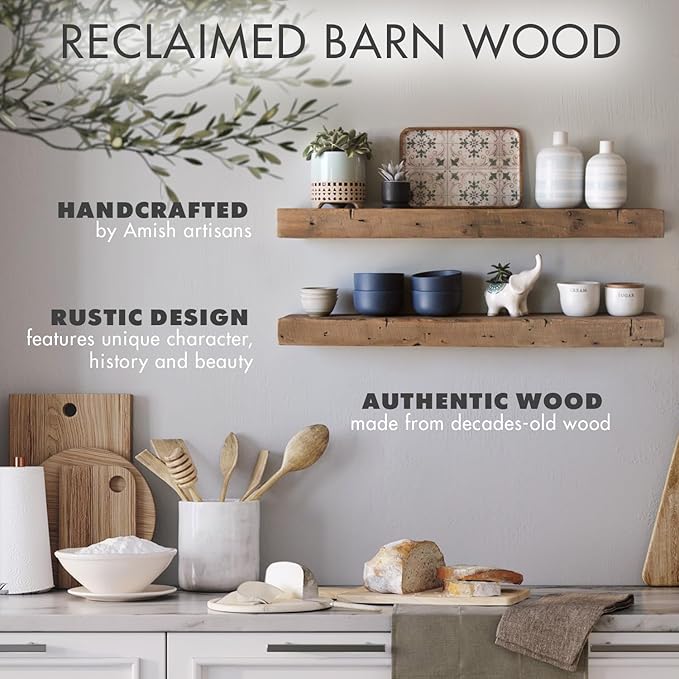 Urban Legacy Reclaimed Barnwood Planks | Floating Shelves for Wall w/Flush Mount Shelf Bracket Set Included | Set of 2 (Natural, 40"x 4.5"x 2")
