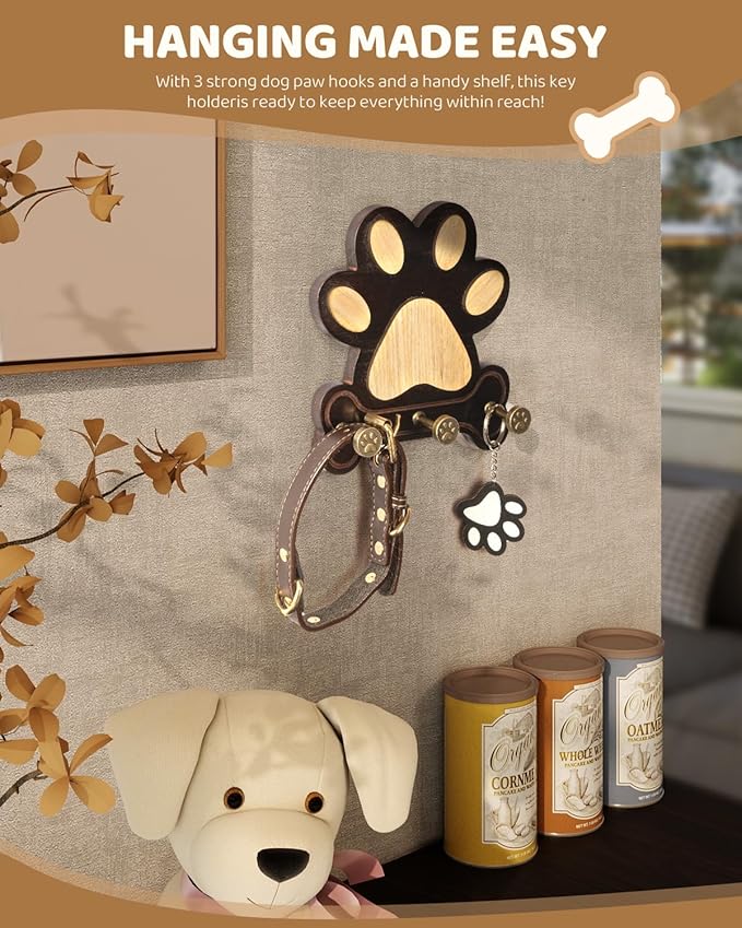 MTERSE Pine Wood Dog Leash Holder for Wall – Adorable Dog Leash Hanger, Key Holder, Coat Rack, and Sunglass Organizer – Rustic Farmhouse Wall Decor for Entryway, Bedroom, or Living Room (Dark Brown)