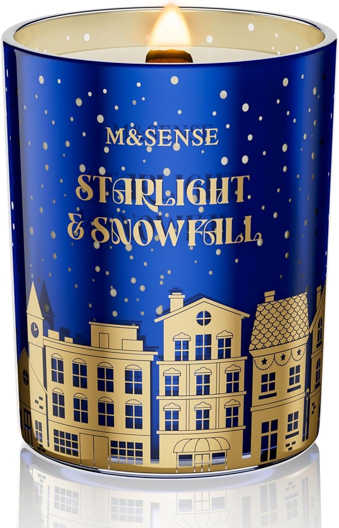 M&SENSE Christmas Candles, Startlight Snowfall Scented Winter Candle Natural Soy Wax 18oz 100 Hours Clean Non Toxic Burn, Cracking Wooden Wick Large Gift for Holiday Family Friends