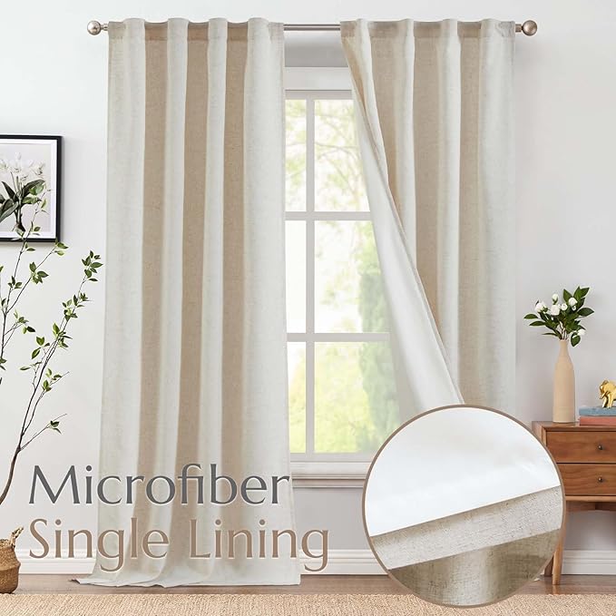 jinchan Linen Curtains with Privacy Lining 108 Inches Length Natural Crude Beige Farmhouse Closet Lined Drapes for Small Narrow Window Bedroom Living Room Bay Window 2 Panels Rod Pocket Back Tab