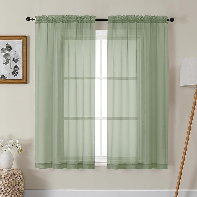 Gwine Sage Green Sheer Curtains 63 Inch Length for Living Room 2 Panels, Light Filtering Rod Pocket Window Curtain Treatment for Bedroom, Voile Elegant Sheer Drapes，Each 42" Wx63 L, Sage Green