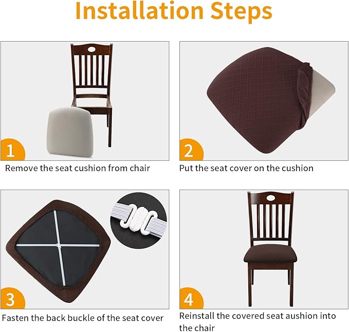 Fuloon Waterproof Seat Cushion Covers 6 PCS, Stretch Jacquard Chair Seat Covers Washable Dining Room Seat Slipcovers Removable Kitchen Chair Protector (6, Waterproof-Chocolate)