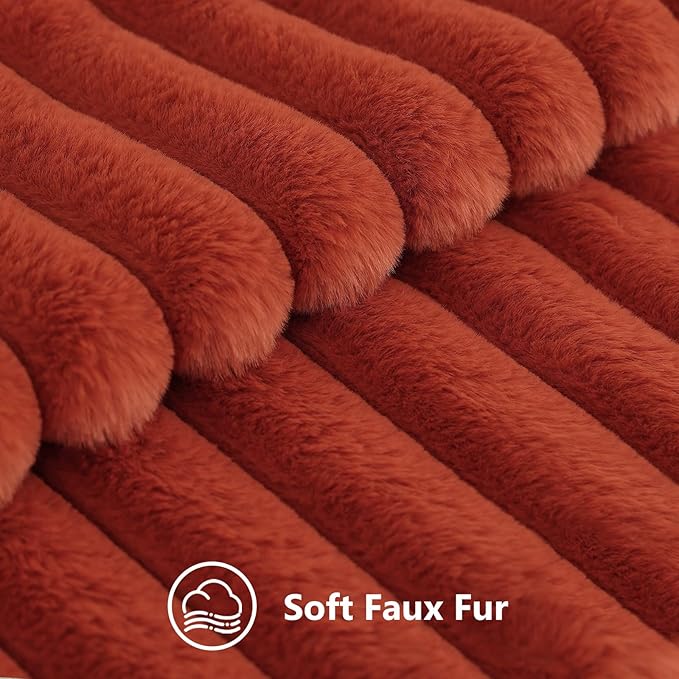 decorUhome Faux Fur Thanksgiving Day Throw Pillow Covers 16x16 Set of 2, Decorative Soft Plush Striped Neutral Couch Euro Pillow Covers with Velvet Back for Sofa, Bed, Living Room Home Decor, Rust