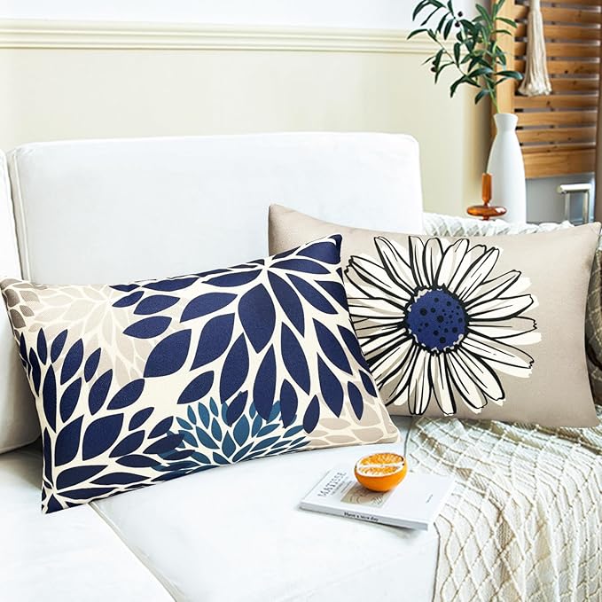 Decorative Throw Pillow Covers Set of 4 Blue Pillow Covers 12x20 inch Throw Pillow Cases Linen Square Pillow Case,Farmhouse Outdoor Modern Boho Pillow Covers for Couch Sofa Living Room