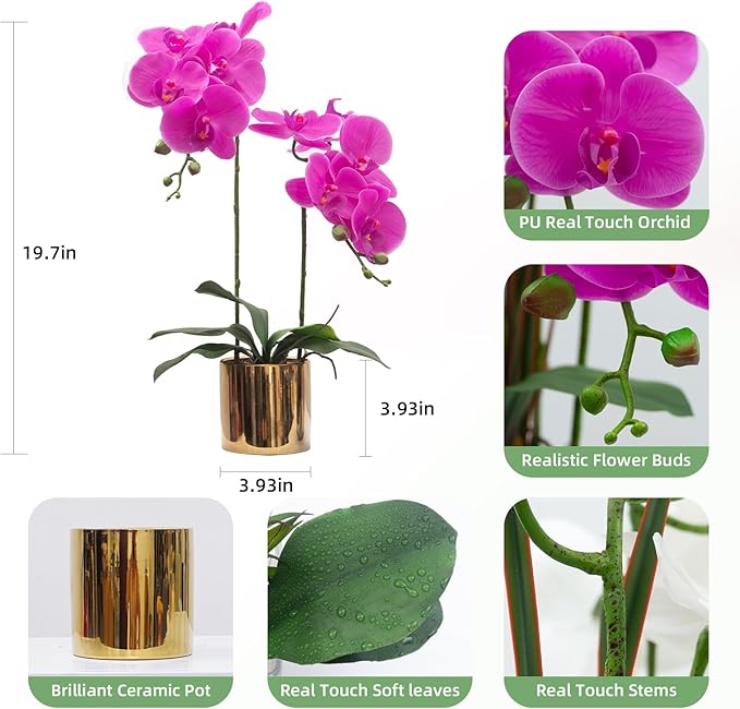 CXGS Artificial Orchid Flower Plant Realistic Latex Faux Orchids in Ceramic Vase 19.7'' Purple Fake Phalaenopsis Flower Arrangement Orchids with Spotted Stems for Centerpiece Table Home Decor