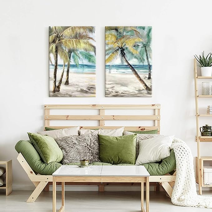ARTISTIC PATH Tropical Coconut Tree Wall Art: Abstract Palm Tree Canvas Seaside Picture Artwork Painting for Living Room (24" W x 36" H x 2 PCS,Multi-Sized)