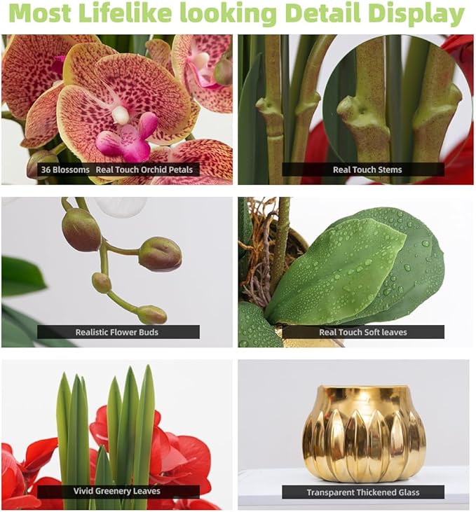 CXGS Artificial Orchid Flower Real Touch Faux Orchids in Ceramic Vase Large 22.9'' Fake Flowers Purple Dapple Phalaenopsis Floral for Home Indoor Decor