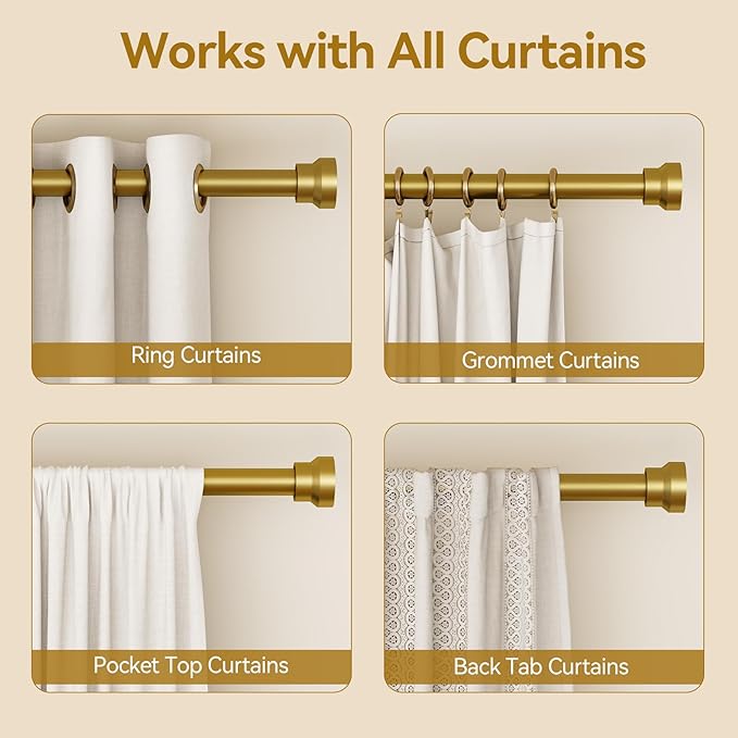 YaFex Curtain Rods 2 Pack 32-144 Inch, Heavy Duty 1 Inch Curtain Rod, Gold Extra Long Adjustable Window Treatment Rods, Modern Design, Easy Installation