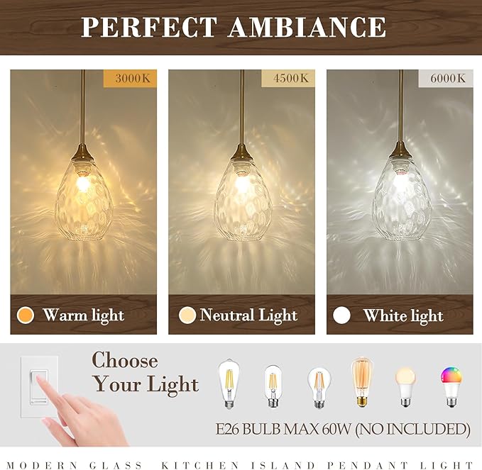 Brushed Gold Pendant Lights Kitchen Island 2 Pack, Modern Glass Pendant Light Fixtures with Hammered Glass and Rods, Adjustable Brass Hanging Light for Kitchen Sink Dining Room Bathroom