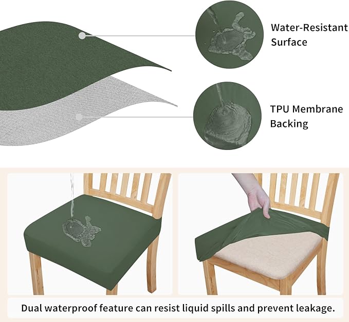 Easy-Going 100% Waterproof Seat Covers for Dining Room Chairs Set of 4, Stretch Chair Seat Slipcovers Protector Removable and Washable Kitchen Dining Chair Covers, Grayish Green