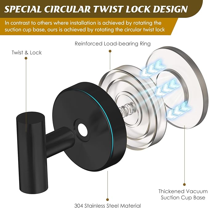 Suction Cup Hooks for Shower,Heavy Duty Shower Towel Suction Hooks,No Drill Wall Mounted Towel Hooks for Bathrooms Wall,Kitchen,Glass,Mirror,Tile to Hang Towels,Robes,Coat-Black(4 Pack)