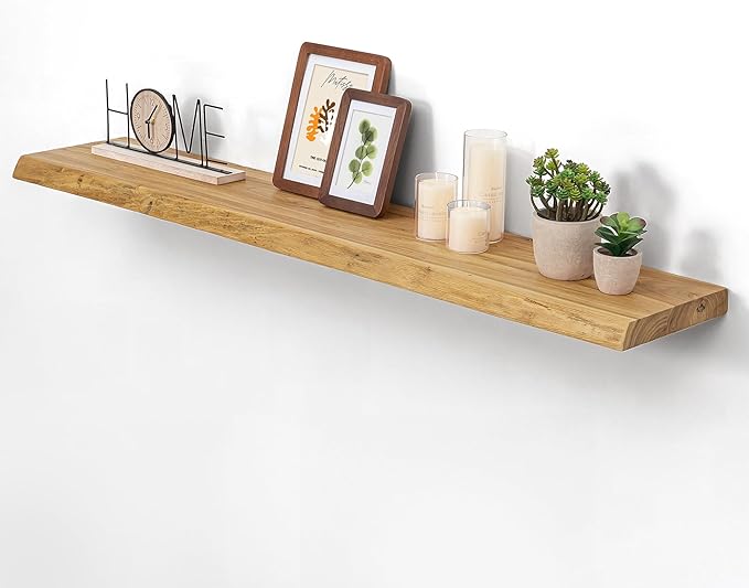Rustic Wood Floating Shelves for Wall Decor, Reclaimed Elm Wood Live Edge Shelves 48 Inch Long, 8 Inch Deep Floating Shelf for Living Room Bathroom Bedroom, 48 x 8 Wall Shelves Set of 1, Natural Color