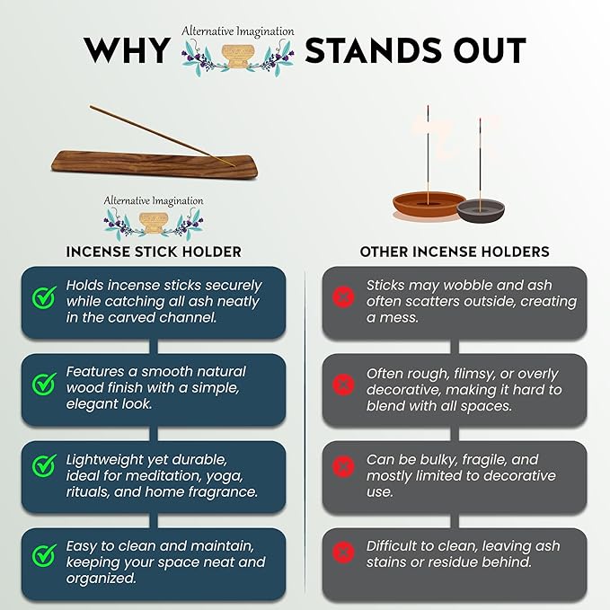 Incense Holder - Wooden Ash Catcher for Single Incense Sticks - Meditation Accessories, Spiritual Decor, Home Fragrance, Room Decor (10 Inches Long)