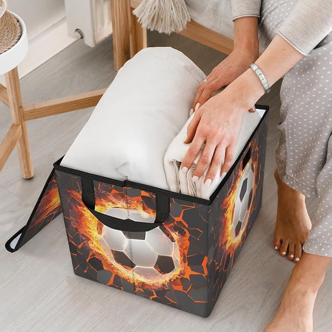 Closet Storage Bins with Lids, Cool Soccer Storage Baskets for Organizing, Large Cube Box Closet Organizers with Handles, Home Office Decorative Wardrobe Boxes for Organization (27 Quart)