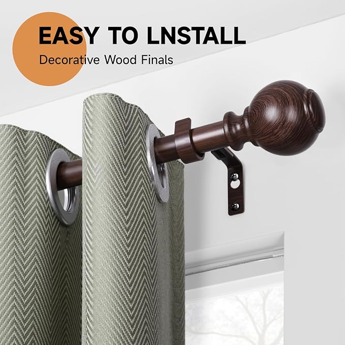Wood Bronze Curtain Rods for Windows 28"-144" (2.3-12ft), 1" Heavy Duty, Imitation Wood Grain Finials, Adjustable, Bronze Wood
