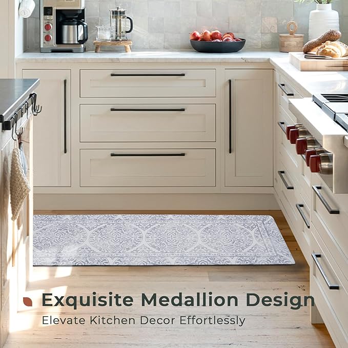 FRESHMINT 2 Piece Set Boho Kitchen Mats for Floor Bohemian Distressed Anti Fatigue Kitchen Rugs Vintage Farmhouse Cushioned Kitchen Runners for Standing Waterproof & Non-Skid Comfort, Gray