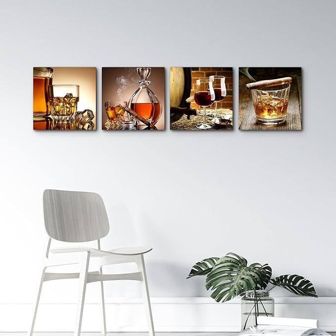 Canvas wall Art For Kitchen Dining Room Wall Decor Still Life Wine Glass Wall Paintings Ready To Hang For Home Decor Pub Restaurant Mural Framed Pictures Posters Prints Artwork 16" X 16"4 Piece