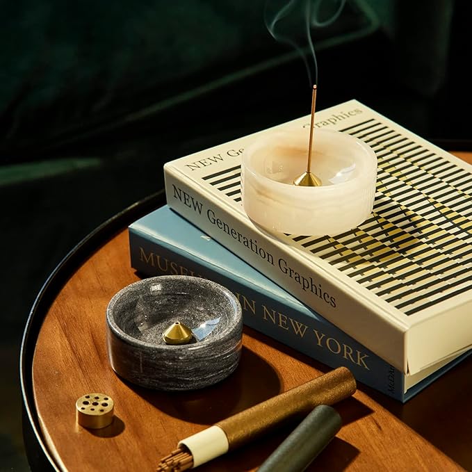 100% Marble Incense Holder Set, Stick Burner, Cone Ash Catcher Bowl, Japanese Incense Stand with Sandalwood Sticks and 2 Brass Burners, Mini-3”, Zen,Gray