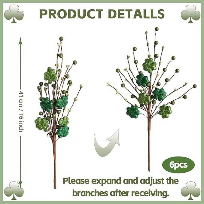 Bibelot 6 Pack Artificial Shamrock Picks, Glitter Clover Stems with Berries, St Patricks Day Picks for Table Centerpieces Home Holiday Decor DIY Crafts