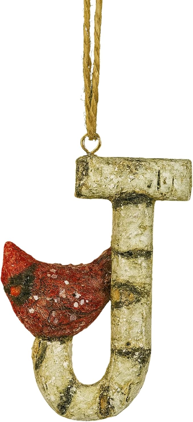 Rustic Cardinal Initial Letter Christmas Ornament – Birch Wood Look Hanging Alphabet Monogram Decoration for Holiday Tree & Winter Home Décor (J)