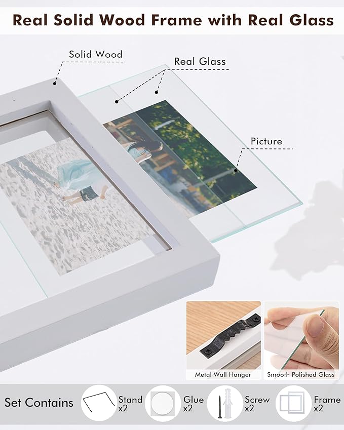 DLQuarts 5x7 Floating Picture Frames for 4x6/3.5x5 Photos, 2-Pack Solid Wood Double Polished Glass Floating Frame for Wall & Tabletop, Postcards and Any Size Photo up to 5x7 Display, White