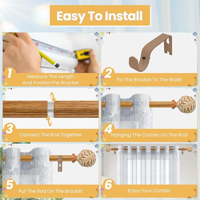 Imitation Wood Grain Curtain Rod for Windows 48 to 84 Inches: 1 Inch Heavy-Duty Adjustable Decorative Curtain Rod With Rustic Leaf Finials for Bedroom & Living Room