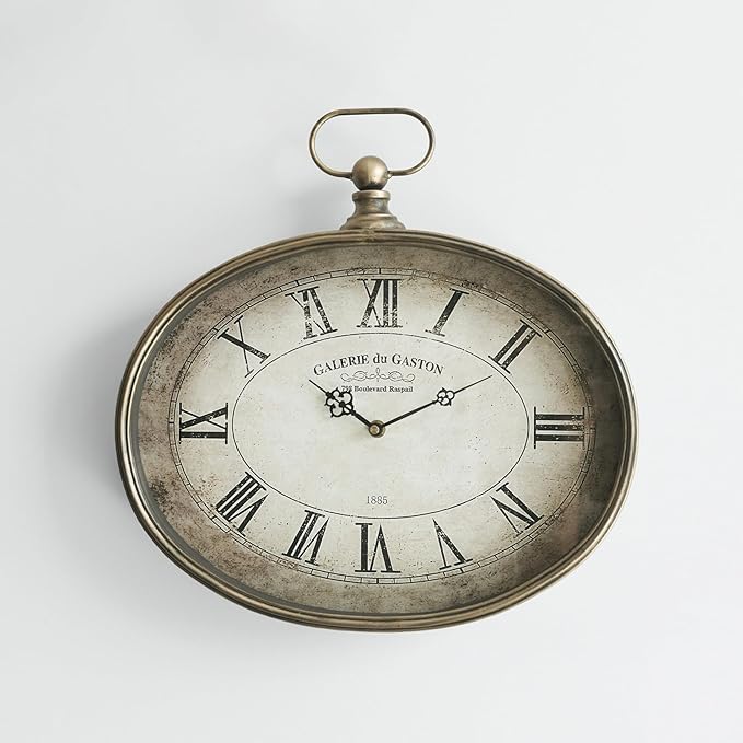 Vintage Decorative Wall Clock - 16 inch, Oval Pocket Watch Design, Retro Gold, Roman Numerals, Battery Operated, Large Antique Wall Clock for Living Room, Entryway, Kitchen, Bedroom, Bathroom, Office