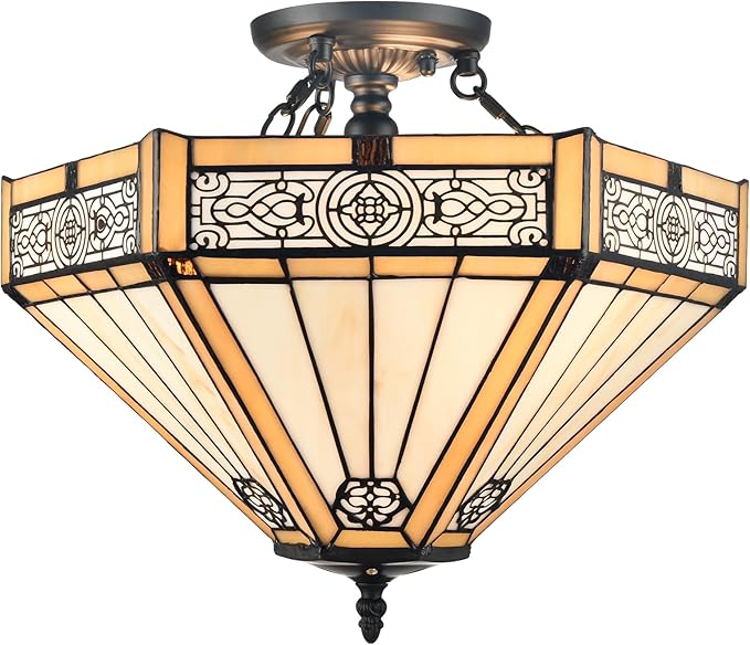 SAMTEEN Tiffany Style Semi Flush Mount Ceiling Light 3-Light Stained Glass Ceiling Light 16 Inches Tiffany Flush Mount Light Fixture for Hallway Foyer Bedroom Kitchen Living Room