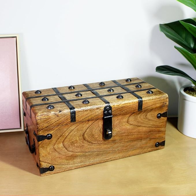 Nautical Cove Treasure Chest Wooden Box with Antique Iron Lock and Skeleton Key (Medium 12.5x6x5.5) - Storage and Decor – Pirate Chest, Decorative Storage Chest with Hinged Lid, Wood Treasure Box