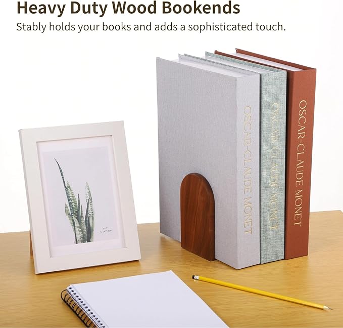 4 Pairs Wood Bookends, Heavy Duty Book Ends for Heavy Books, Non-Skid Book Organizers for Desk, Stylish Walnut Wood Design with Curved Top & Metal Support Base
