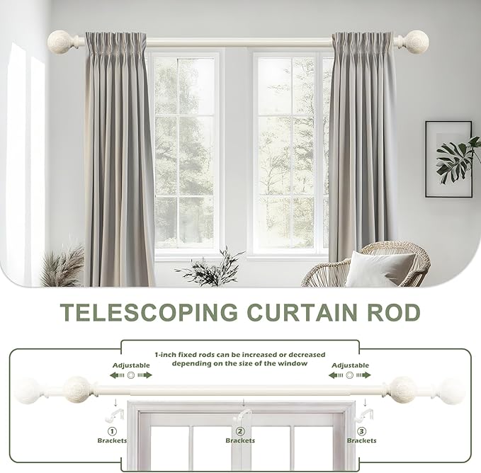 White Wood Curtain Rods for Windows:Farmhouse Boho Rrustic Wooden Curtain Rod Living Room Bedroom,Decorative Adjustable Antique White Drapery Rods Faux Wood Grain Vintage Distressed,Size:18-45",2 Pack