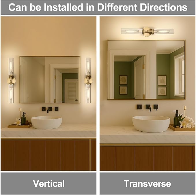 LaLuLa 2-Pack Bathroom Vanity Light Fixtures – Modern 2-Light Gold Wall Sconces with Knurled Texture, Clear Glass Shades, Horizontal or Vertical Mount, Bathroom Lighting Fixtures Over Mirror