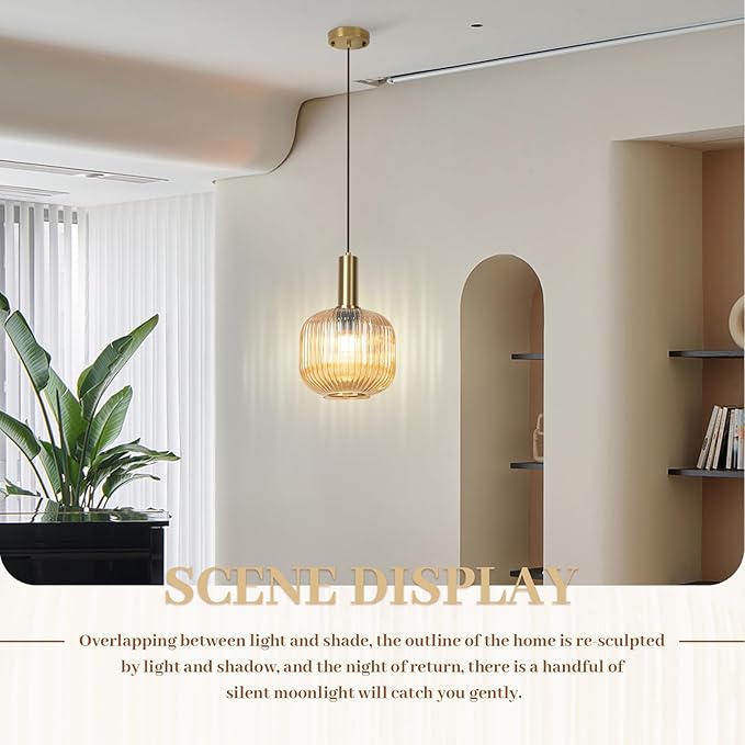 Amber Glass Pendant Light 8 inch, Mid Century Modern 1-Light Pendant Lighting for Kitchen Island Dining Room Bedroom Bar, Vintage Gold Adjustable Hanging Light Fixture Ceiling Mount