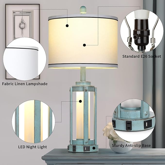 Industrial Farmhouse Table Lamp, 26" Vintage Rustic Beside Lamp with USB A+C Charging Ports & AC Outlet, Nightstand Metal Lamp with LED Night Light & Fabric Shade for Living Room Bedrooms Blue