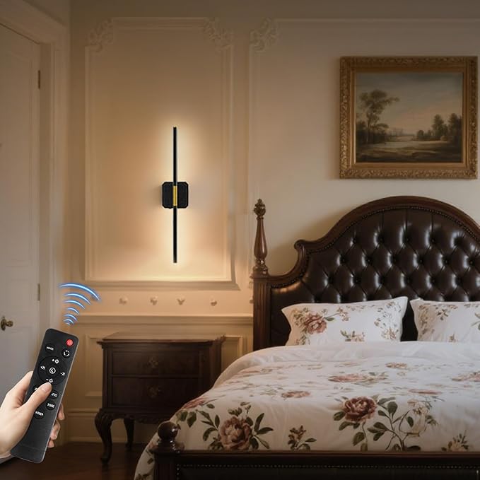 Battery Operated Wall Sconce Detachable 360°Rotate, Wireless Wall Lamp 3000-6500K Dimmable, 10000mAh Rechargeable Wall Light for Bedroom, Living Room，28" Black Gold（4 Pack