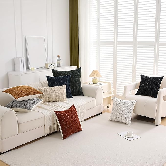 Textured Boucle Pillow Covers 18x18 Neutral Striped Throw Pillows Soft Modern Farmhouse Pillow Cases, 1pc Decorative Accent Square Couch Cushion Cover for Bed Chair Living Room, White